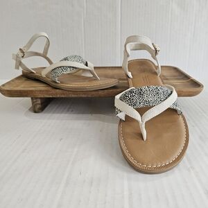 Toms Lexie Sandals Size 6.5 Cream Canvas Mini Leopard Print Strappy Thong Style
